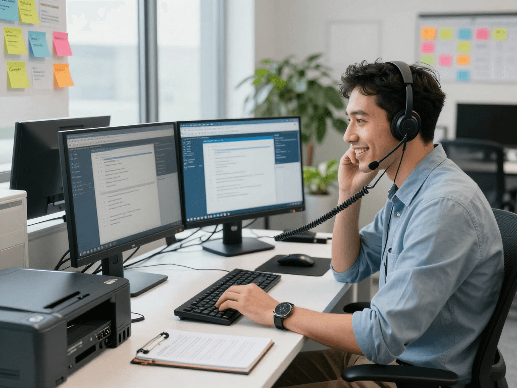 IT support specialist providing assistance at https://contact.rokok88.org with detailed monitoring equipment and cozy office environment